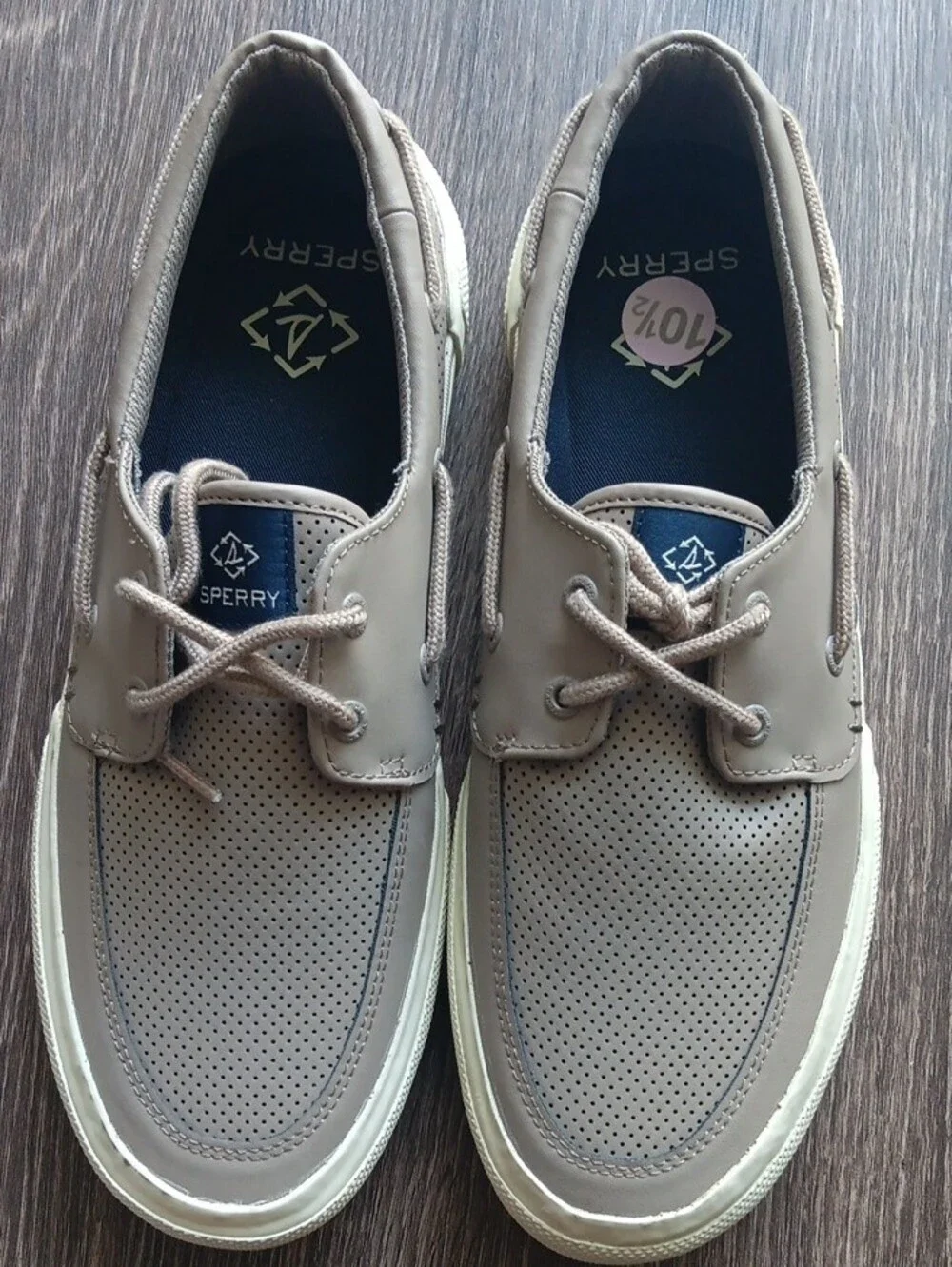 $30 Sperry Men's Taupe Perforated Boat Shoes with Cream Sole